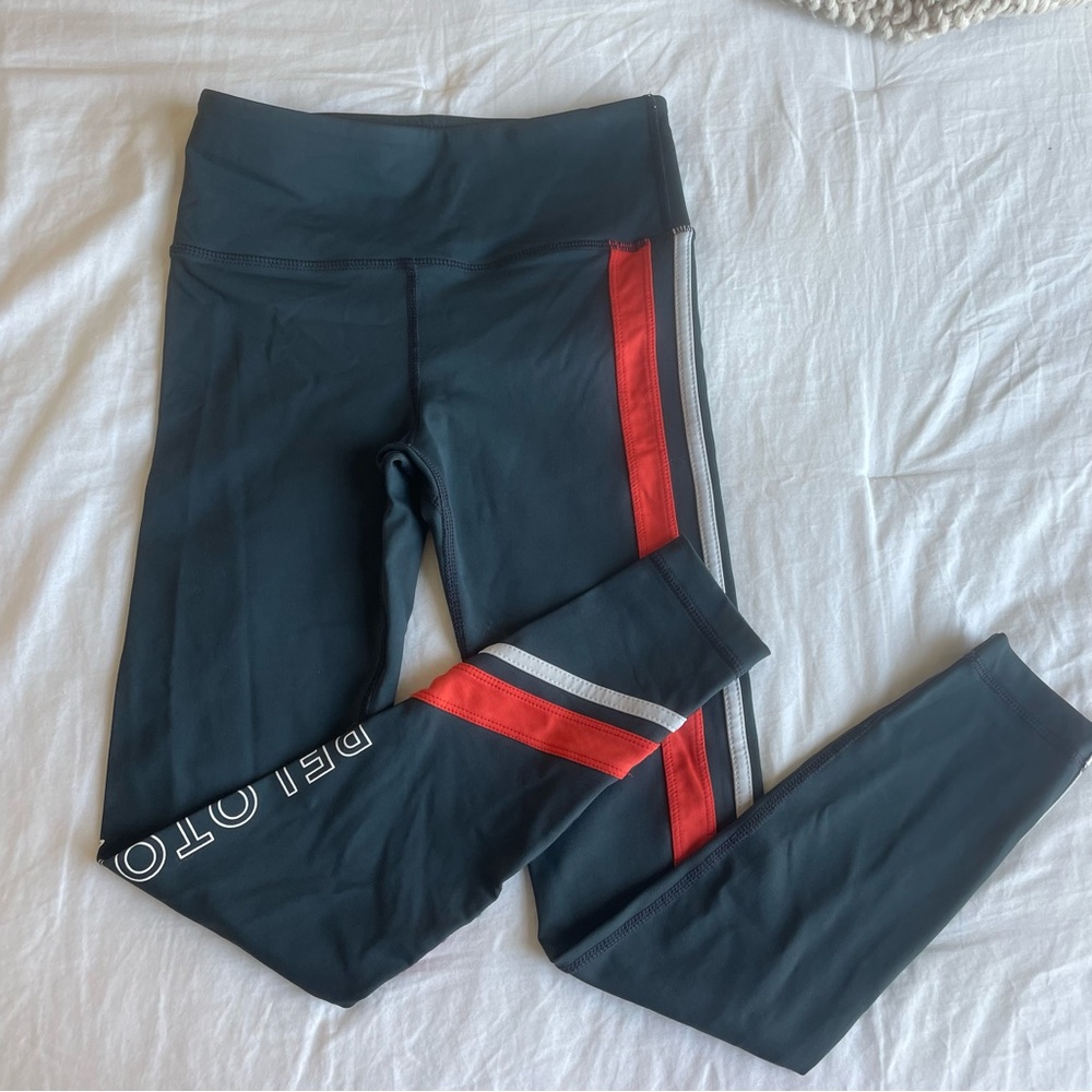 Peloton Branded Leggings Grey, Orange, and White